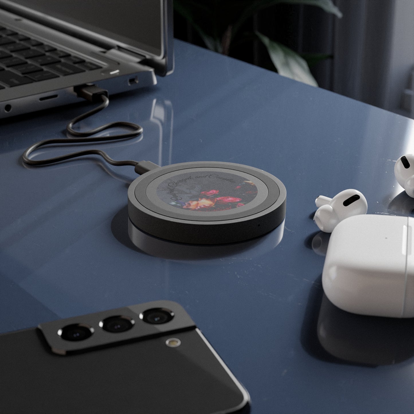 “Centered. Charged. Complete.” Wireless Charging Pad – Minimalist Engraved Tech Accessory for Daily Balance & Style