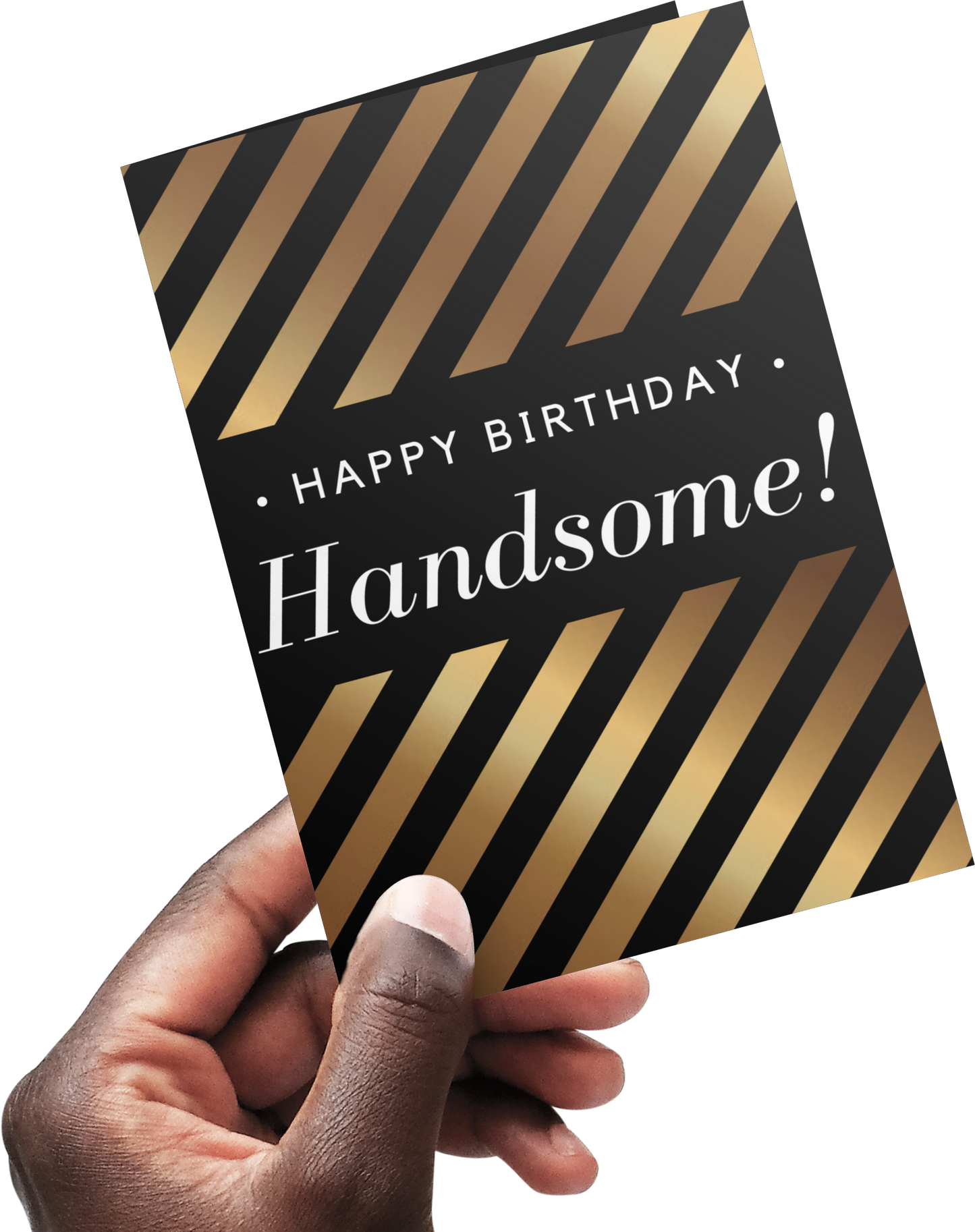 A greeting card with 'Happy Birthday' text and gold stripes on the front.