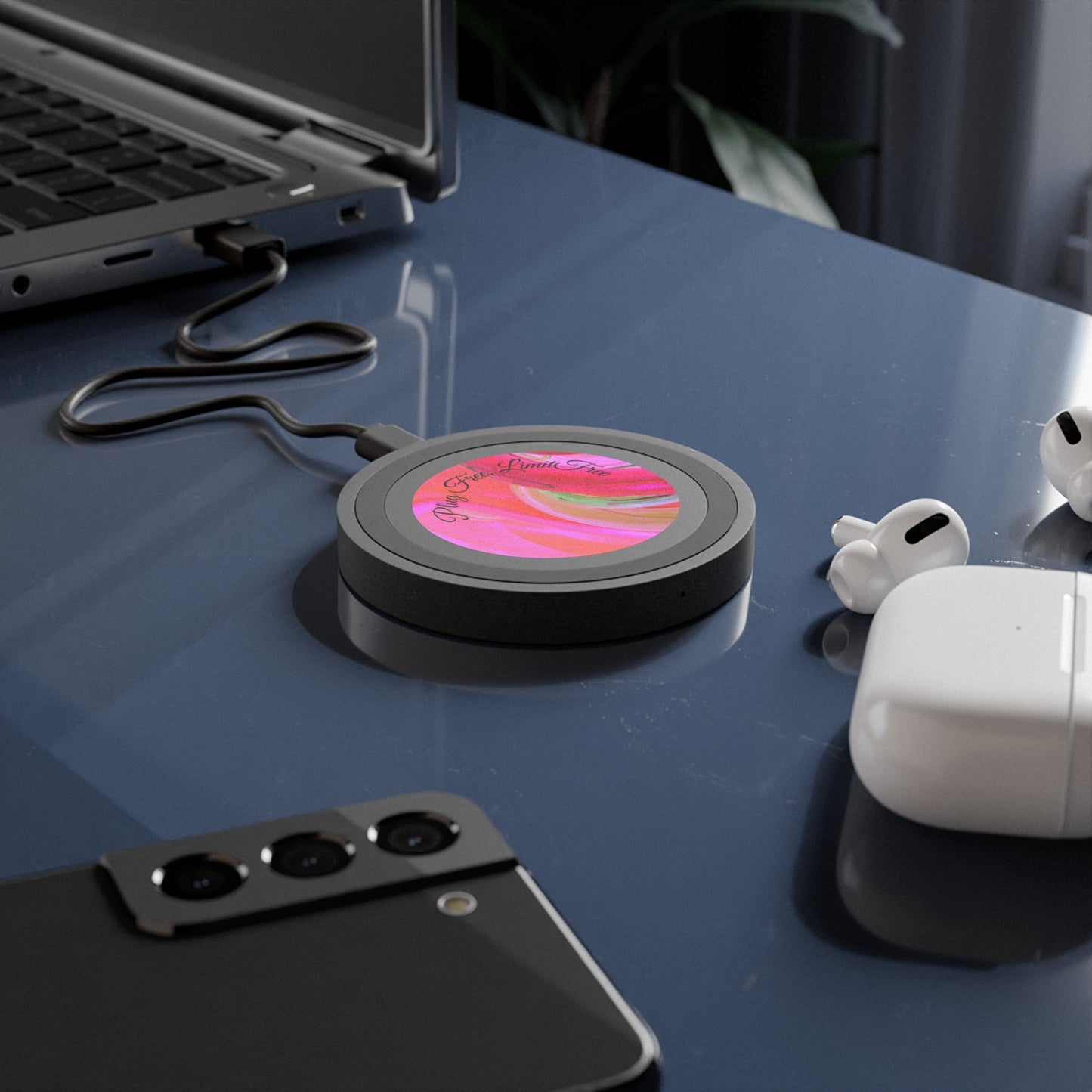 Wireless Charging Pad – “Plug-Free. Limit-Free.” | Minimalist Qi Charger, Inspirational Tech Gift, Sleek Desk & Home Office Accessory