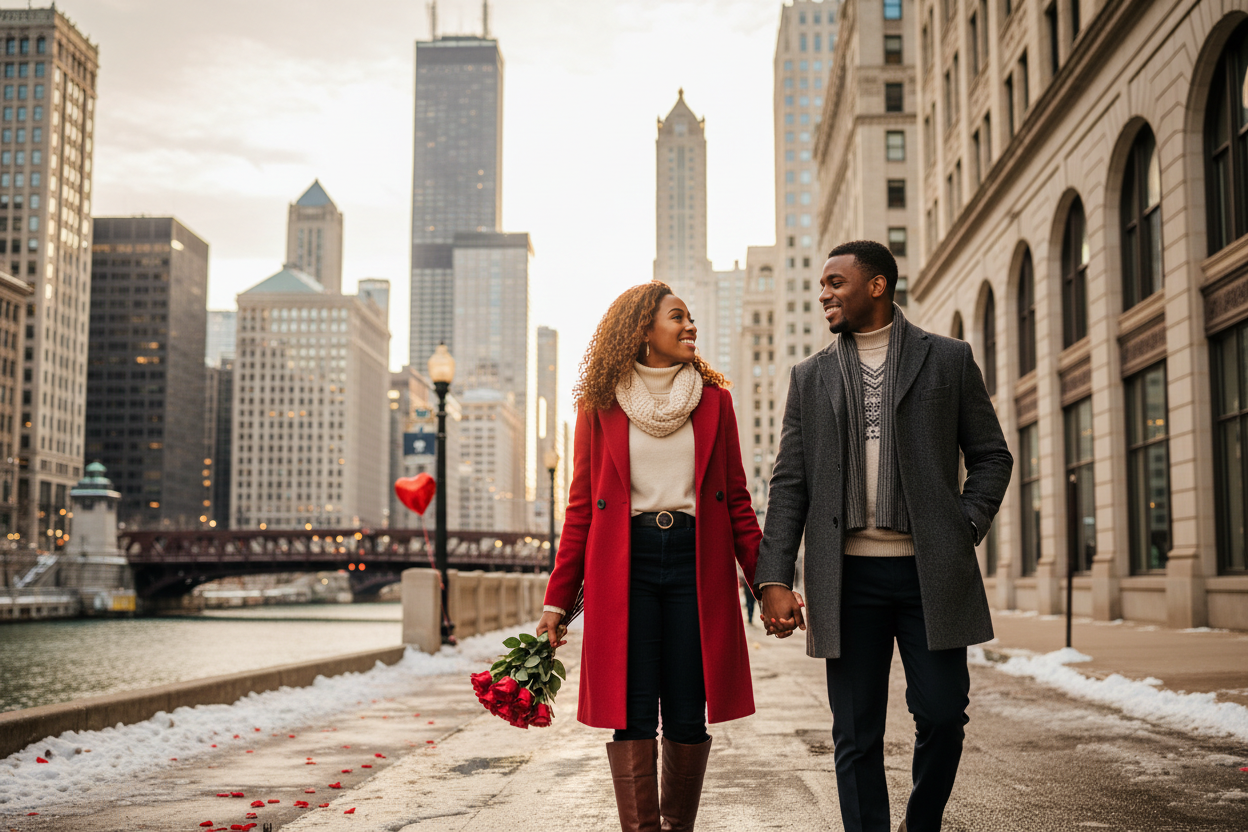 African American couple standing  downtown Chicago. The couple is in love. Valentines day. holding hands 